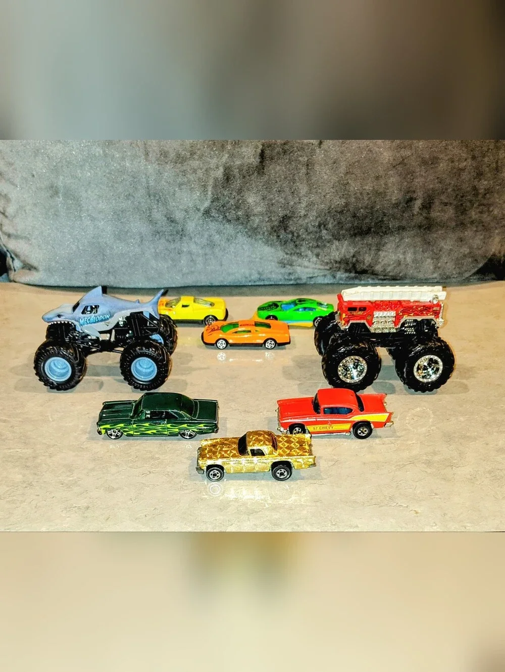 5 VTG HOT WHEELS 57' THUNDERBIRD 57' CHEVY 66' CHEVY NOVA SS & 2 MONSTER TRUCKS